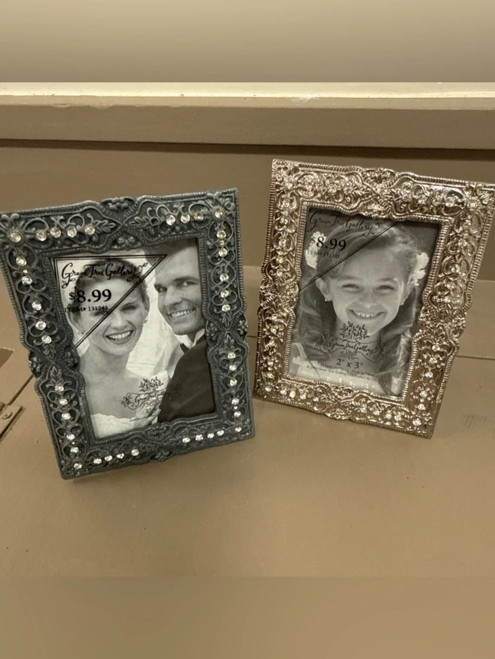 Two Silver Tone Vintage Victorian Style 2” x 3” Photo Frames w/ Rhinestones NOS